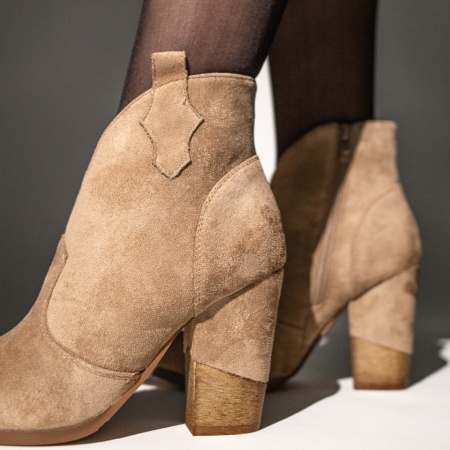 Botine dama cu toc gros si fermoar khaki suede MOD12639, 4, modlet.ro
