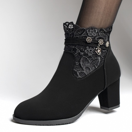 Botine dama cu toc si dantela negru suede ZEF10690, 1, zeforia.ro