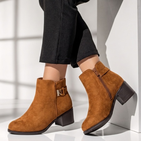 Botine dama cu toc si fermoar maro suede LILI44, 2, modlet.ro