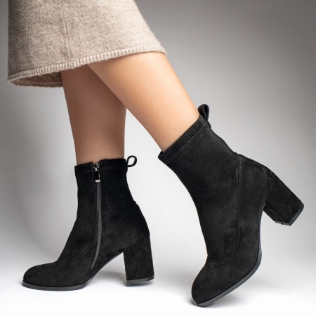 Botine dama cu toc si fermoar negru suede MOD12390, 2, modlet.ro