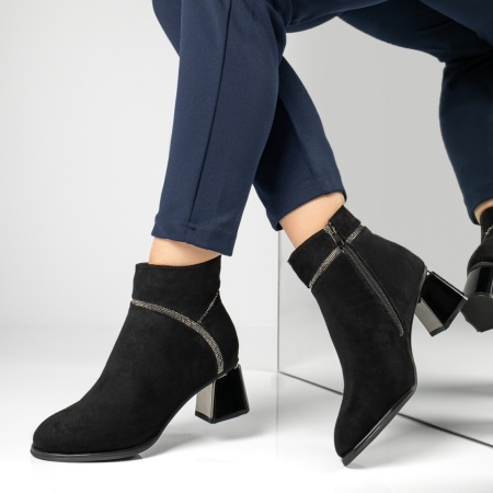 Botine dama cu toc si pietre aplicate negru suede MOD12880, 1, modlet.ro
