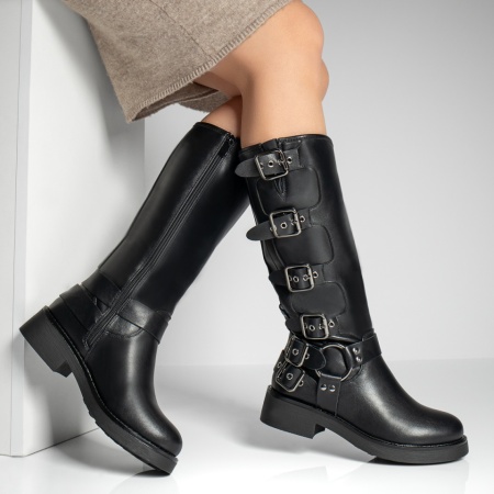 Cizme lungi dama cu catarame negre MOD12809, 3, modlet.ro