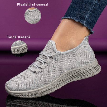 Espadrile sport dama cu siret si strasuri din material textil gri ZEF10998, 3, zeforia.ro