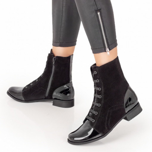 Ghete dama cu siret si fermoar negru suede din Piele naturala MOD07602, 2, modlet.ro