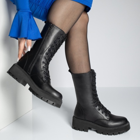 Ghete dama cu siret si talpa groasa negri din Piele naturala MOD10663, 3, modlet.ro