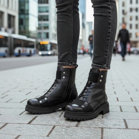 Ghete Dama, Ghete negre dama cu fermoar, siret si insertii de material elastic din Piele naturala MOD07289, modlet.ro