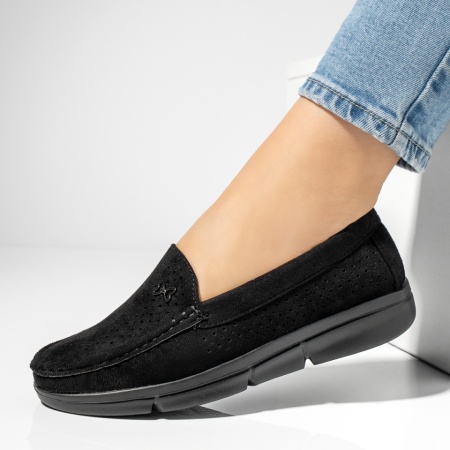 Pantofi casual dama, Mocasini dama cu talpa joasa si perforatii negru suede MOD13206, modlet.ro
