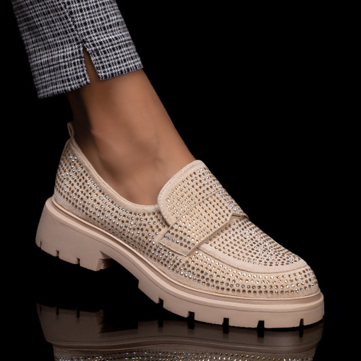 Pantofi casual bej dama cu talpa groasa si pietre aplicate MOD06123