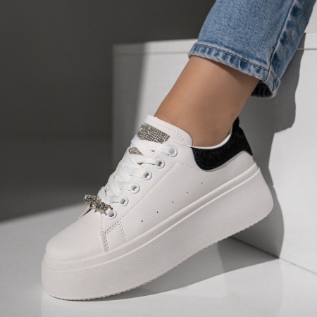 Pantofi casual dama albi cu negru MOD12199, 3, modlet.ro