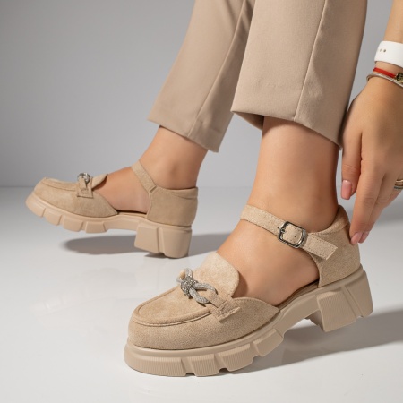 Pantofi casual dama, Pantofi casual dama bej cu fundita si catarama MOD11840, modlet.ro