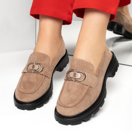 Pantofi casual dama cu accesoriu decorativ bej suede MOD13367, 3, modlet.ro