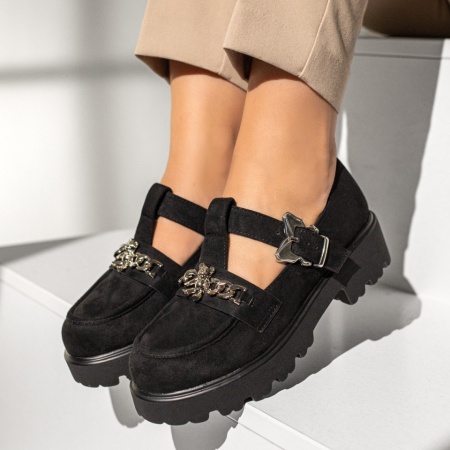 Pantofi casual dama cu bareta negru suede MOD19381
