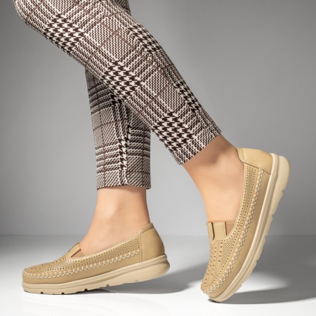 Papuci si slapi dama, Pantofi casual dama cu insertie de material elastic bej MOD13232, modlet.ro