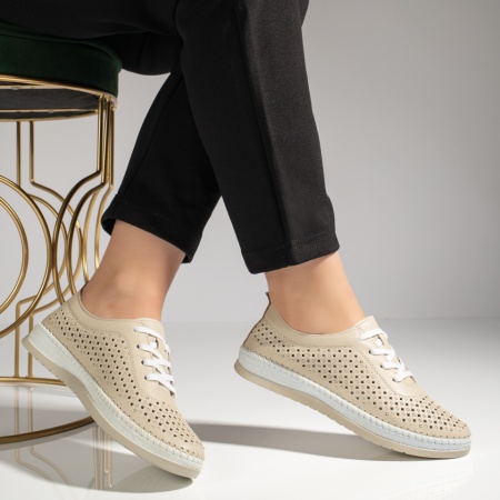 Pantofi casual dama cu perforatii bej din Piele naturala MOD13302, 4, modlet.ro