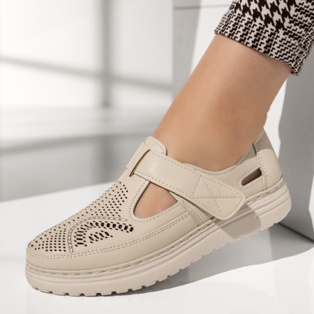 Pantofi casual dama cu perforatii si inchidere cu scai bej EVA90, 2, modlet.ro