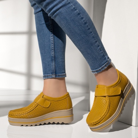 Pantofi dama, Pantofi casual dama cu platforma galbeni din Piele naturala MOD12137, modlet.ro
