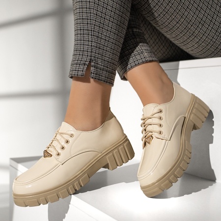 Pantofi casual dama cu siret si talpa groasa bej MOD13106, 2, modlet.ro