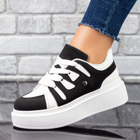 Pantofi casual dama cu talpa groasa negri cu alb MOD10430, 3, modlet.ro