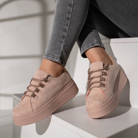 Pantofi casual dama cu talpa groasa roz suede MOD11734, 3, modlet.ro
