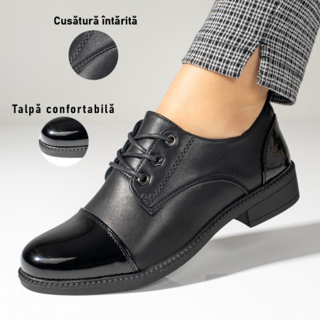 Reduceri incaltaminte dama, Pantofi casual dama negri cu siret si varf lacuit ZEF10982, zeforia.ro