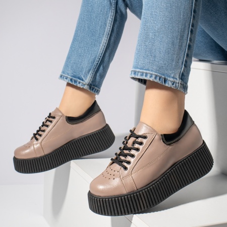 Pantofi casual dama, Pantofi casual dama nude cu talpa groasa din Piele naturala MOD12740, modlet.ro