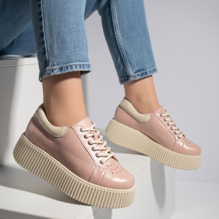 Pantofi casual dama roz cu talpa groasa din Piele naturala MOD12740, 3, modlet.ro