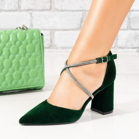 REDUCERI INCALTAMINTE, Pantofi cu toc dama si bareta cu strasuri verde suede MOD09999, modlet.ro
