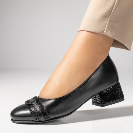 Pantofi dama, Pantofi cu toc dama si imprimeu negri din Piele naturala MOD12046, modlet.ro