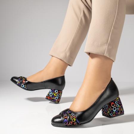 Pantofi cu toc gros dama cu print negri din Piele naturala MOD12050, 2, modlet.ro