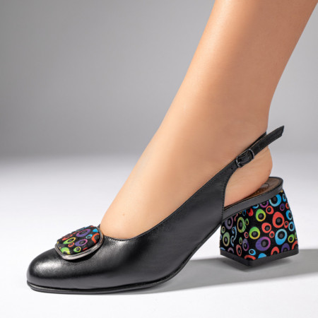 Pantofi cu toc gros dama, Pantofi cu toc gros dama negri din Piele naturala cu buline MOD11065, modlet.ro