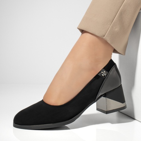 Pantofi dama, Pantofi cu toc gros dama negru suede MOD12090, modlet.ro