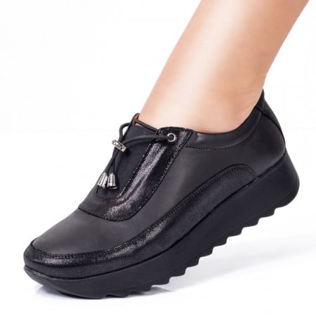 Pantofi dama casual din Piele naturala negri cu sclipici ZEF00300