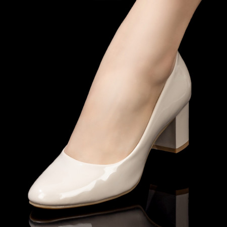 Pantofi cu toc gros dama, Pantofi dama cu toc bej din material cu aspect lucios ZEF08005 - zeforia.ro