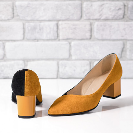 Pantofi cu toc gros dama, Pantofi dama cu toc galben cu negru suede cu print din Piele naturala ZEF033890 - zeforia.ro