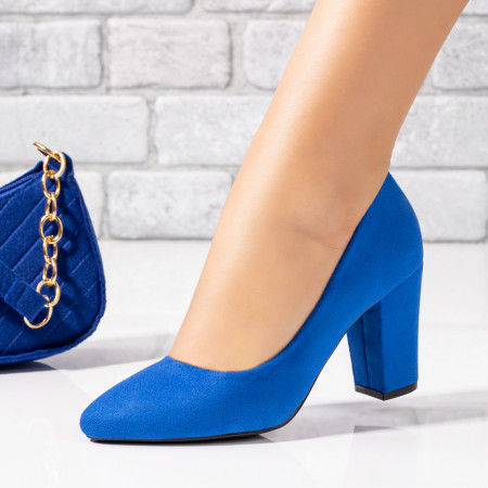 Pantofi cu toc, Pantofi dama cu toc gros albastri suede ZEF03692 - zeforia.ro