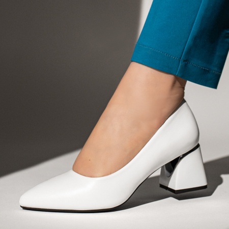 Pantofi cu toc gros dama, Pantofi dama cu toc gros albi MOD13100, modlet.ro