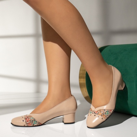 Pantofi dama cu toc gros bej din Piele naturala MOD13957, 2, modlet.ro
