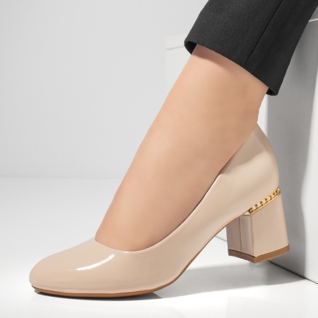 Pantofi dama cu toc gros bej luciosi MOD02838, 2, modlet.ro