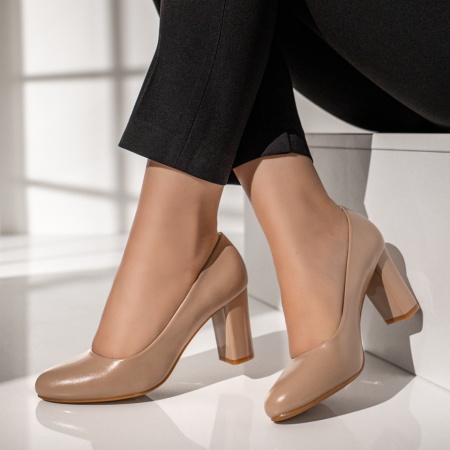 Pantofi dama cu toc gros bej MOD12111, 3, modlet.ro