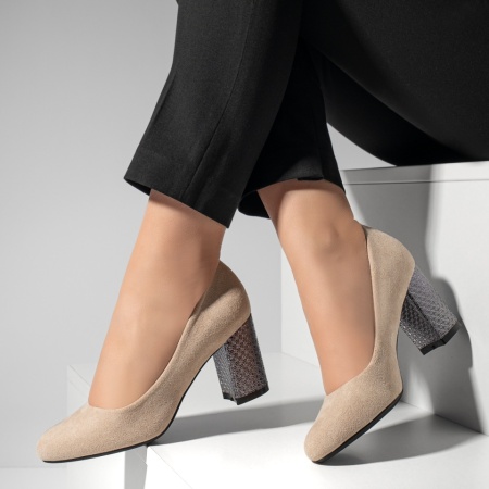 Pantofi dama cu toc gros bej suede MOD02830, 2, modlet.ro