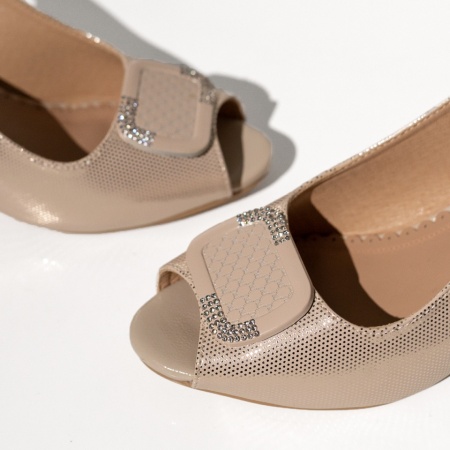 Pantofi dama cu toc gros decupati bej MOD14191, 3, modlet.ro