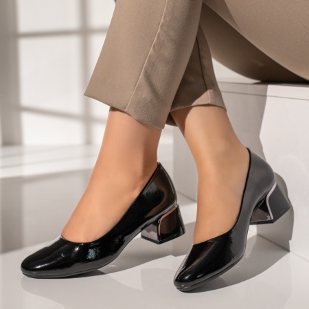 Pantofi dama cu toc gros negri cu aspect lucios MOD12115, 3, modlet.ro