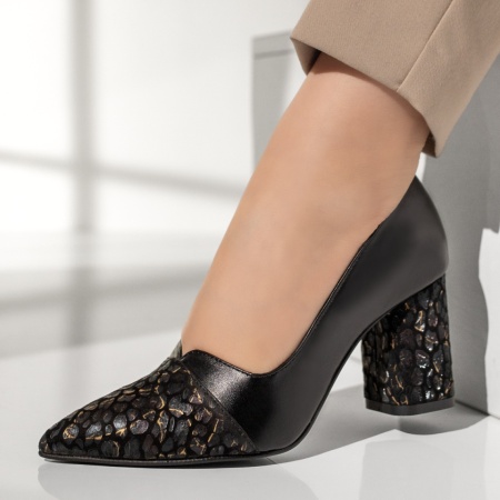 Pantofi dama, Pantofi dama cu toc gros negri cu print din Piele naturala MOD13133, modlet.ro