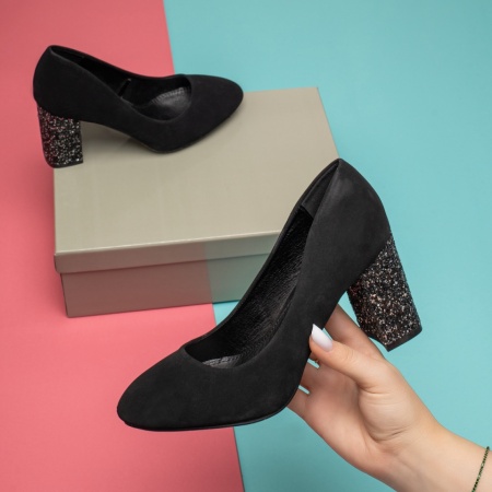 Pantofi dama, Pantofi dama cu toc gros negru suede glitter MOD11882, modlet.ro