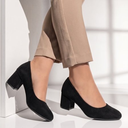 Pantofi dama cu toc gros negru suede INA27, 3, modlet.ro