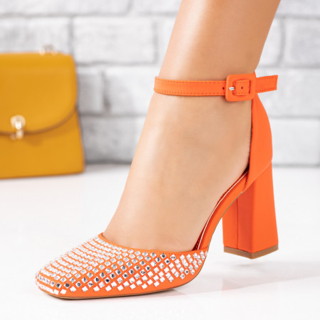 Pantofi dama, Pantofi dama cu toc gros portocalii si strasuri aplicate ZEF08817 - zeforia.ro