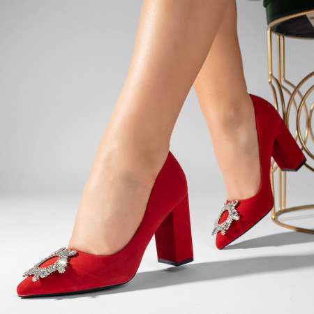 Pantofi dama cu toc gros si accesoriu metalic rosii suede MOD10984, 4, modlet.ro