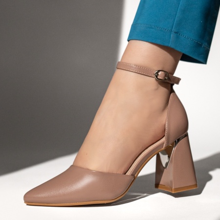 Pantofi dama, Pantofi dama cu toc gros si bareta bej inchis MOD13101, modlet.ro