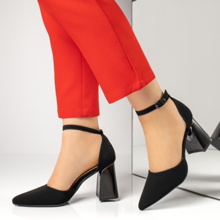 Pantofi dama cu toc gros si bareta negru suede IRIS32, 2, modlet.ro