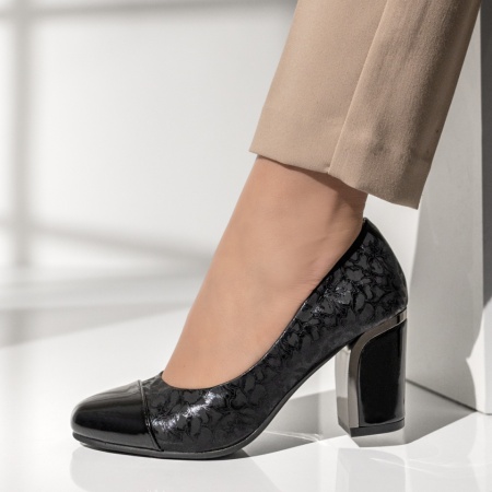 Pantofi dama cu toc gros si imprimeu negri MOD14190, 2, modlet.ro